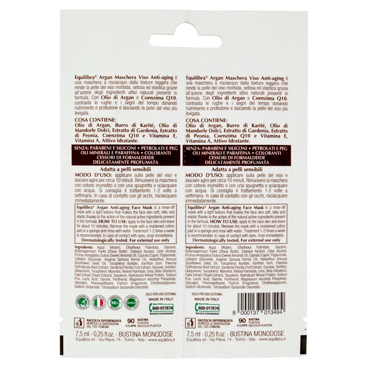 EQUILIBRA Equilibra argaania vananemisvastane näomask 2x7,5 ml Naha heaolu