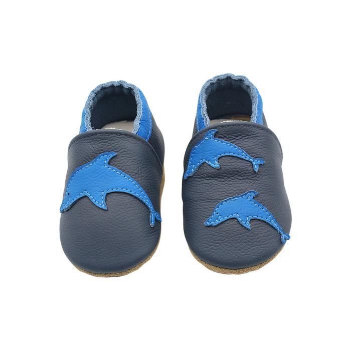 Chaussons Cuir Souple Bébé - INSFITY - Antidérapante - Bleu