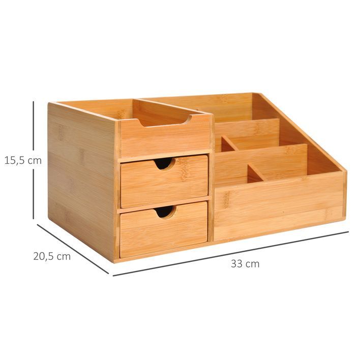 Organizador de escritorio - HOMCOM - Caja de almacenamiento de 7 compartimentos con 2 cajones - Bambú - Natural