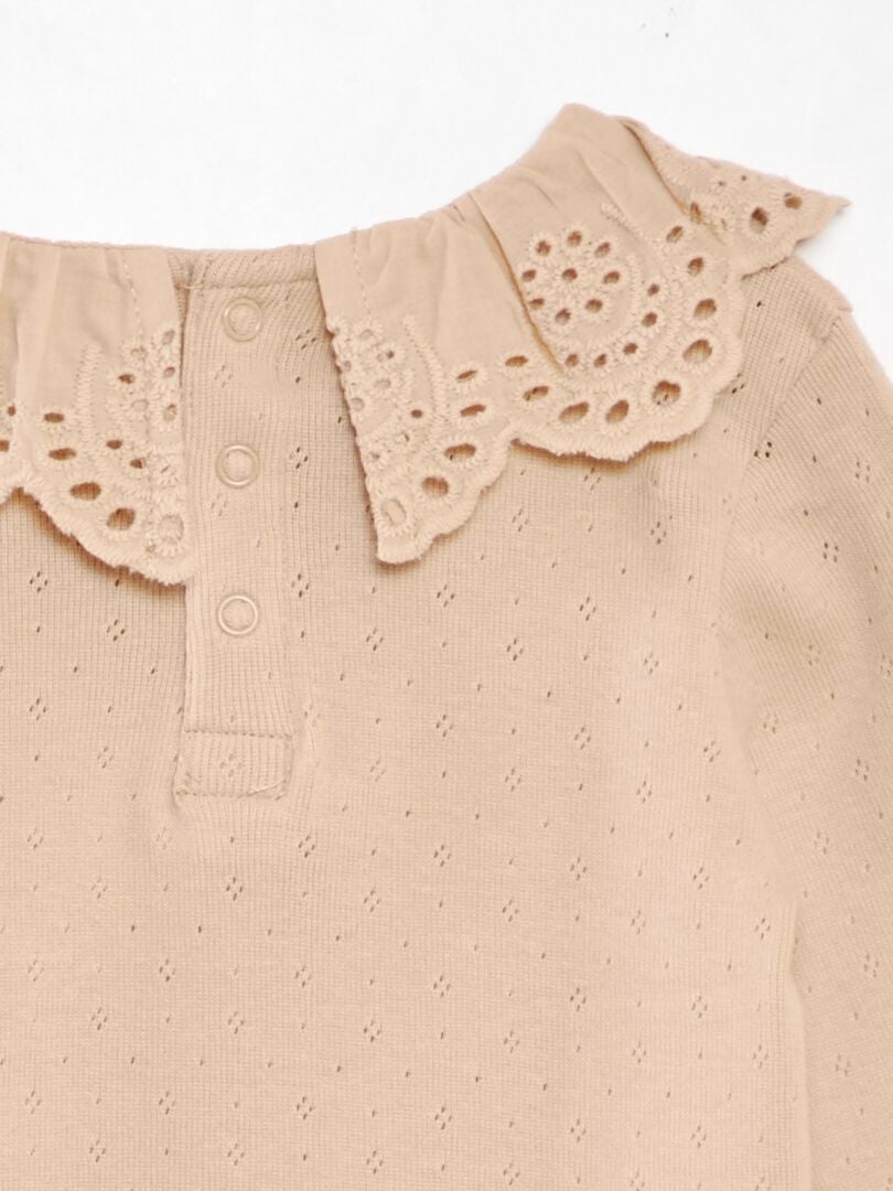 Gebreid T-shirt met pointelle-details - BEIGE
