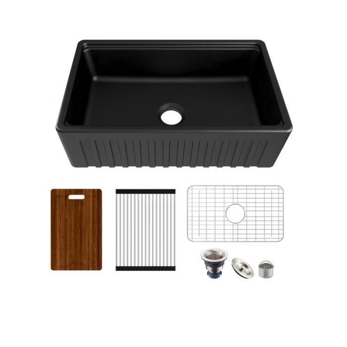 Fregadero de cerámica negra MEJE de 83,8 x 50,8 cm con borde frontal escalonado, fregadero de cocina para encimera.
