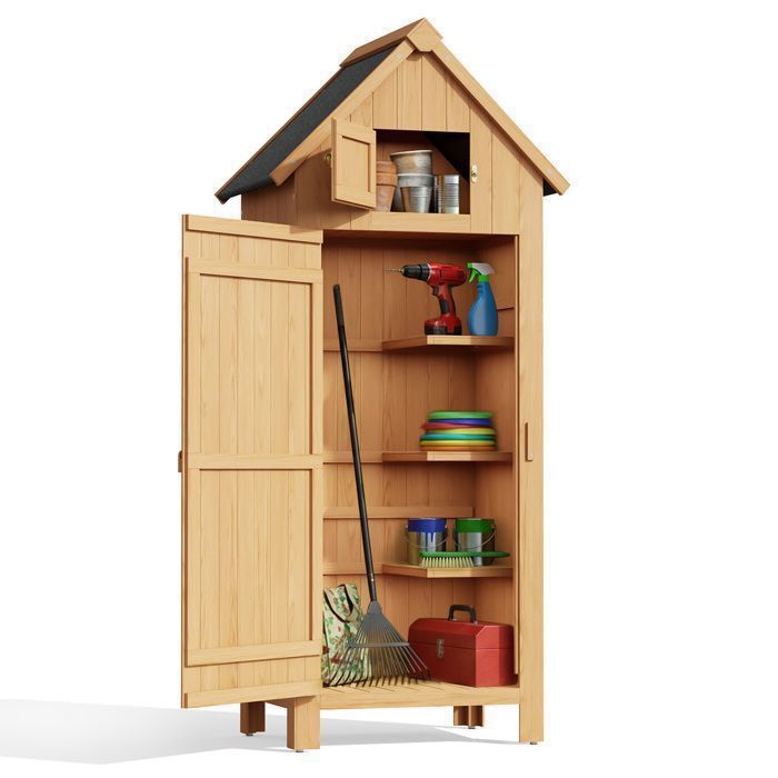Caseta de jardín - Bealife - Madera de abeto - 3 ganchos - 3 estantes extraíbles - Techo de betún impermeable - Almacenamiento exterior - 180 cm de altura