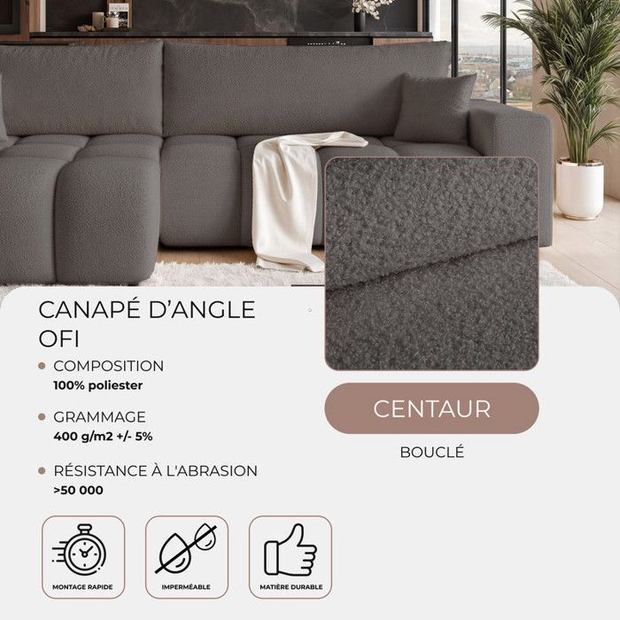 Canapé d'angle Réversible OFI - 5 places - Canape Convertible avec Coffre - Tissu Agréable au Toucher - Gris foncé
