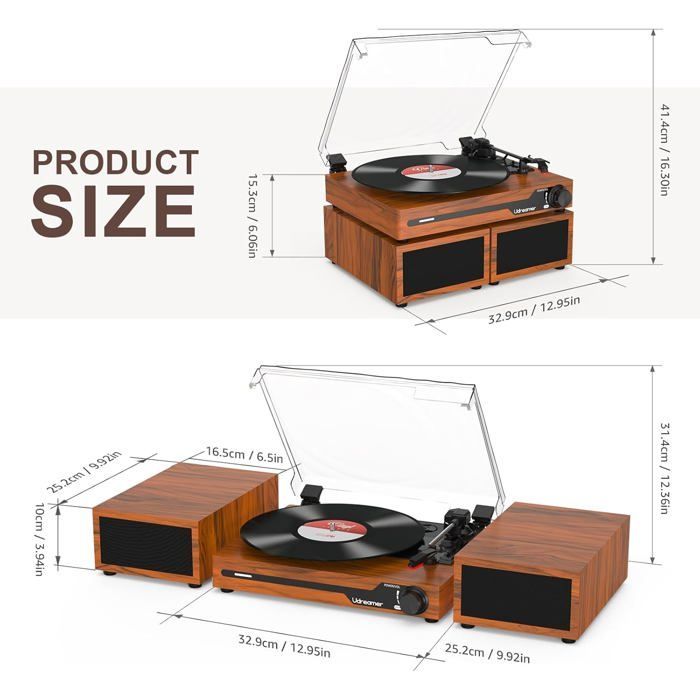 Giradischi vintage Bluetooth, 3 velocità, altoparlanti stereo, uscita RCA e Aux-In, portatile, arresto automatico