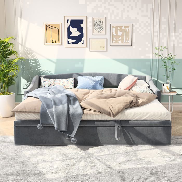 Canapé Lit Convertible 2 Places - Velours Gris Oeko-Tex - Mécanisme Clic-Clac - Dimensions 210x90cm