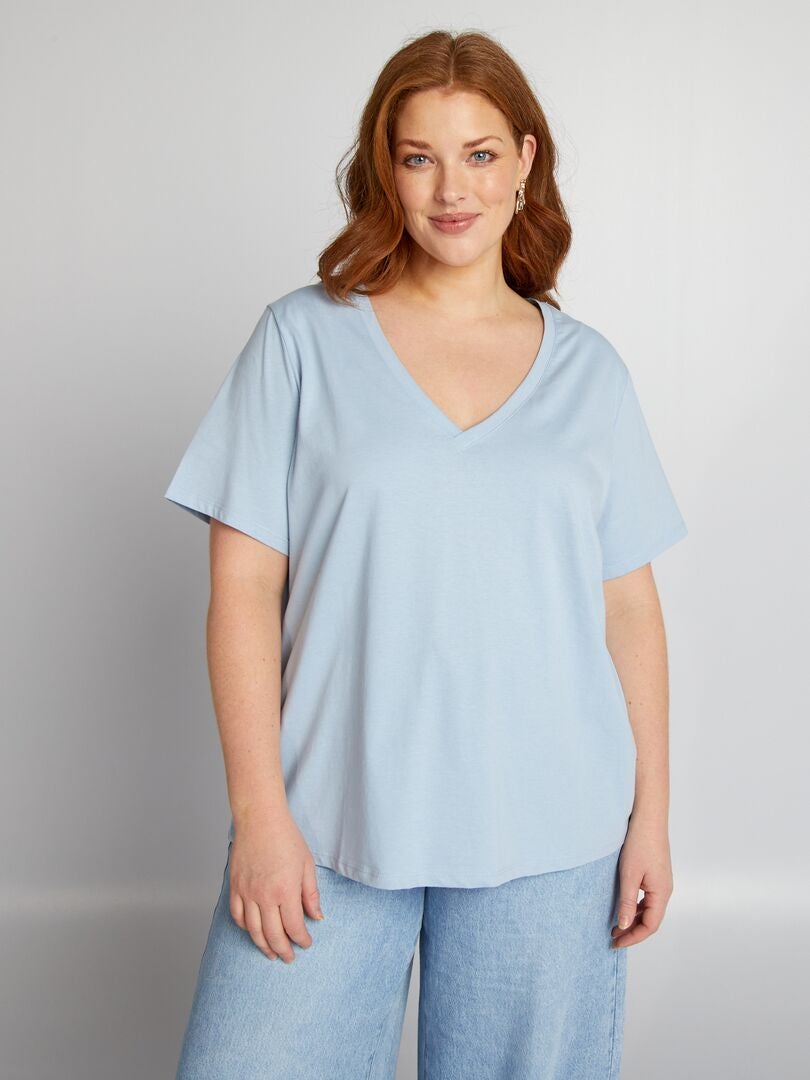 T-shirt met V-hals van jersey - BLAUW