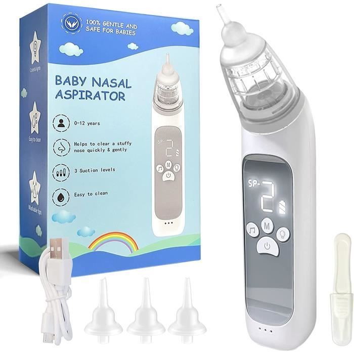 Elektrische neusaspirator voor baby's, neusaspirator met 3 zuigstanden, licht, muziek en 3 herbruikbare opzetstukken voor baby's