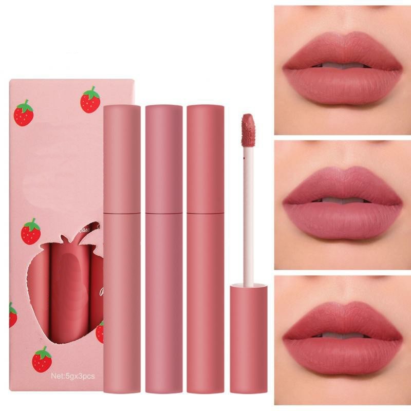 Set de 3 labiales mate aterciopelados, resistentes al agua, de larga duración y que no se transfieren, labiales rojos, brillo labial sexy, maquillaje cosmético para mujer, labial TSLM1