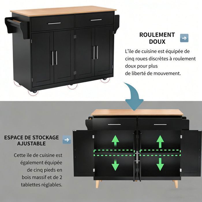 Carrito de cocina móvil - Isla con tapa plegable - Aparador con almacenamiento - 4 ruedas - 2 cajones grandes
