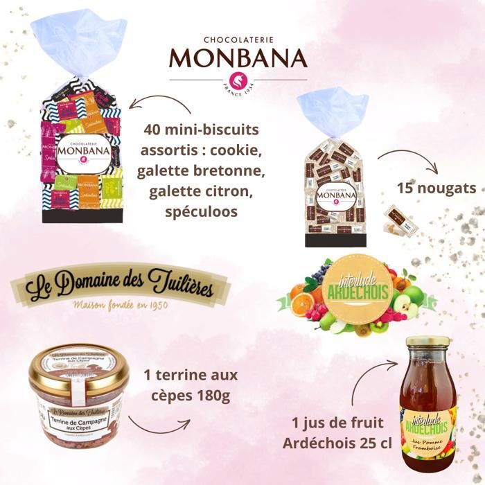 Cadeaupakket met zoet en hartig | MONBANA koekjes en nougat, terrine van eekhoorntjesbrood en vruchtensap uit de Ardèche | Franse selectie, klaar om cadeau te geven