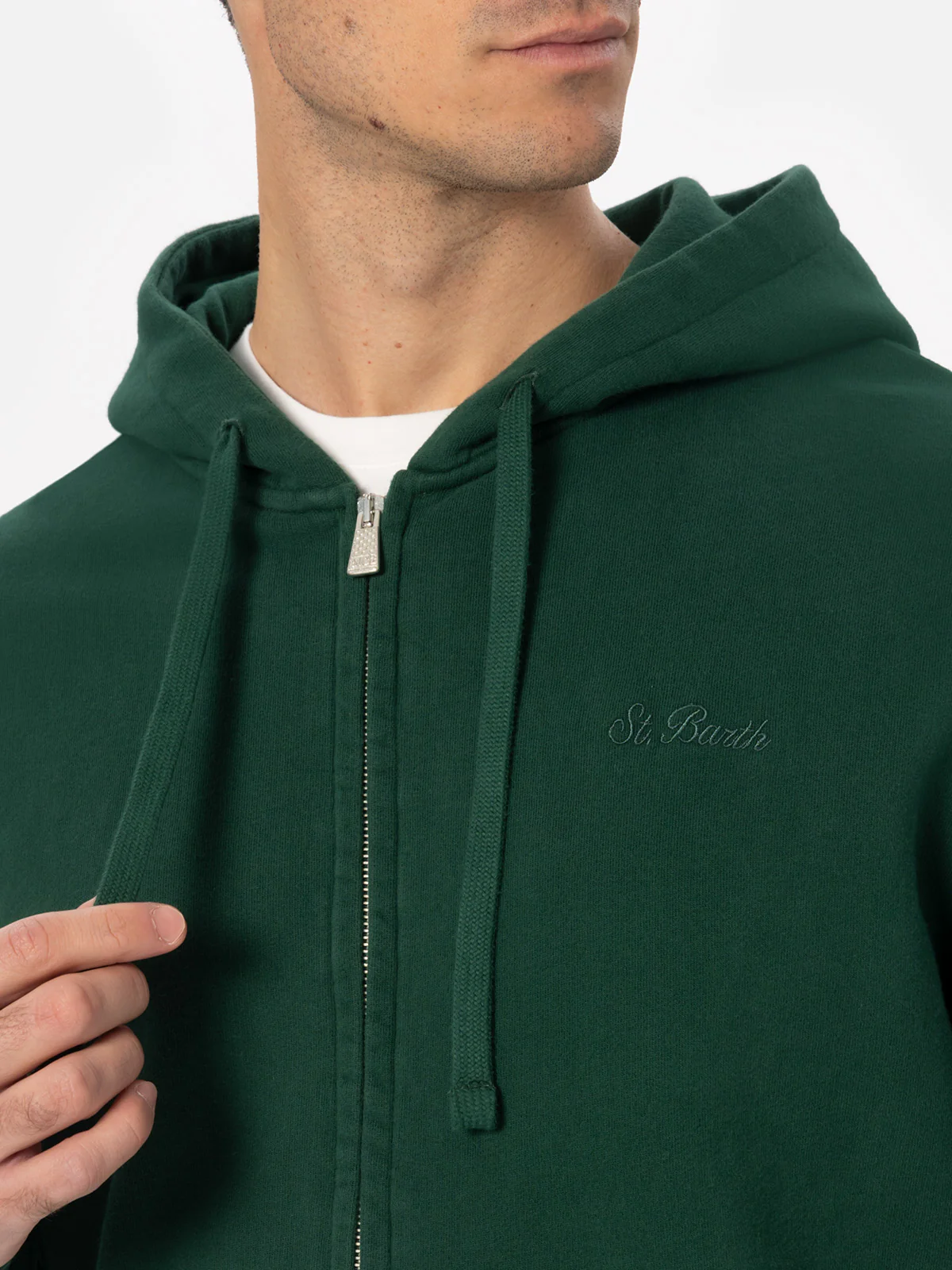 Felpa da uomo verde inglese con zip e cappuccio con ricamo St. Barth