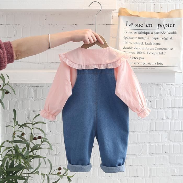 Conjunto de ropa de algodón de 2 piezas para niña, top y pantalón vaquero, conjunto bonito y a la moda para primavera/otoño, rosa.