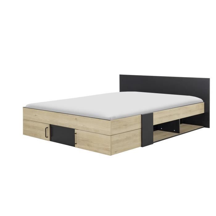 DIAGONE Adult bed with storage drawers - Chestnut and black - 160 x 200 - SWIVEL
