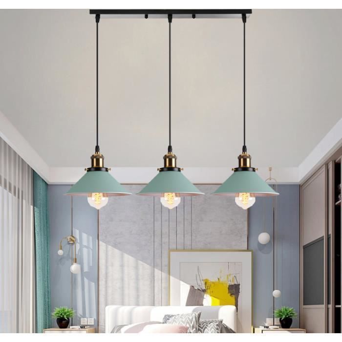 U-Do Suspension Luminaire Rétro 3 Douille Lustre en Métal Vert Lampe Longue Pôle Noir E27 40W décoration Salle à Manger Cuisine