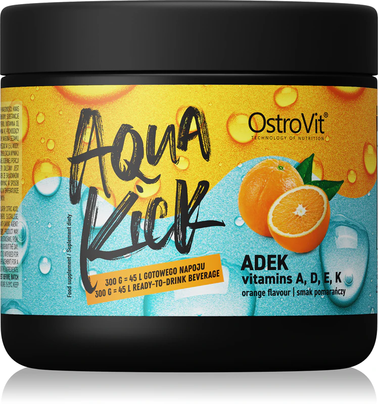 OstroVit Aqua Kick ADEK é um suplemento alimentar em forma de bebida instantânea para fortalecer o sistema imunológico.