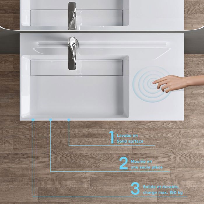 Lavabo mural blanco doporro de 75 cm, lavabo de encimera con desagüe, lavabo rectangular de 75 x 43 x 14 cm Colossum12-L