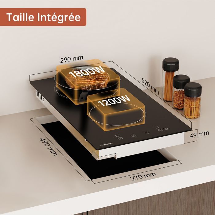 Plaque de Cuisson Électrique Vitrocéramique Gudsunal, Table de Cuisson à 2 Feux, 3000W, 9 Niveaux de Puissance, Minuteur
