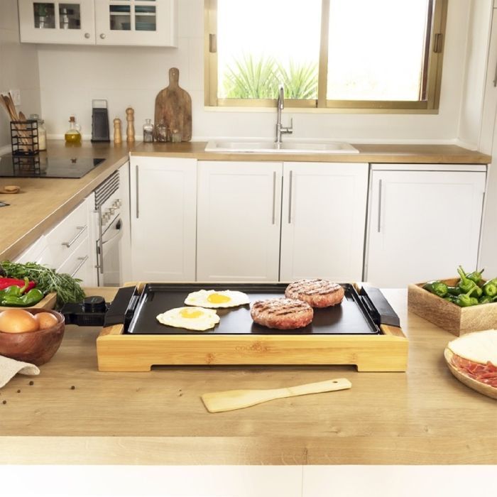 Cecotec Tasty&Grill 2000 Plancha électrique en bambou Puissance 2 000 W, structure en bambou, thermostat réglable