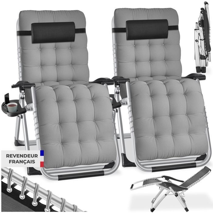Chaise longue - TECTAKE - Lot de 2 bains de soleil pliables CLOUD réglables en continu en textilène respirant - Gris Clair