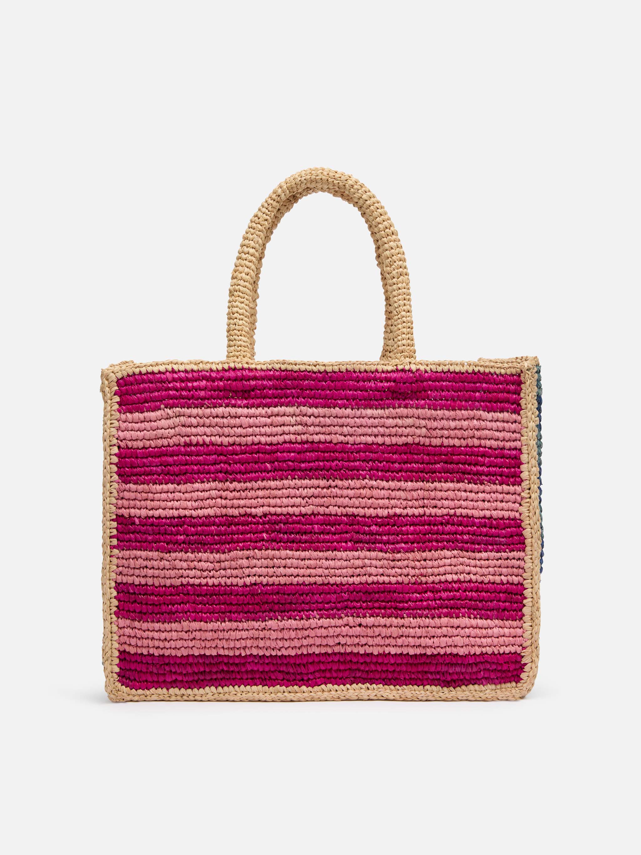 Colette-tas van veelkleurig gestreept raffia met geborduurd logo.