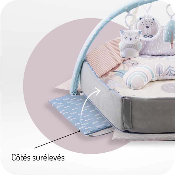 MoMi PASTEL – Alfombra de actividades 2 en 1 para bebés – Área de juegos o piscina de bolas – Juguetes sensoriales – Cojín y bolsa – Tonos pastel