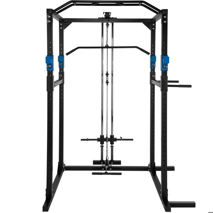 Entrenamiento con pesas - TECTAKE - Jaula de levantamiento de pesas con sistema de poleas, barras de acero superior e inferior - Negro/Azul