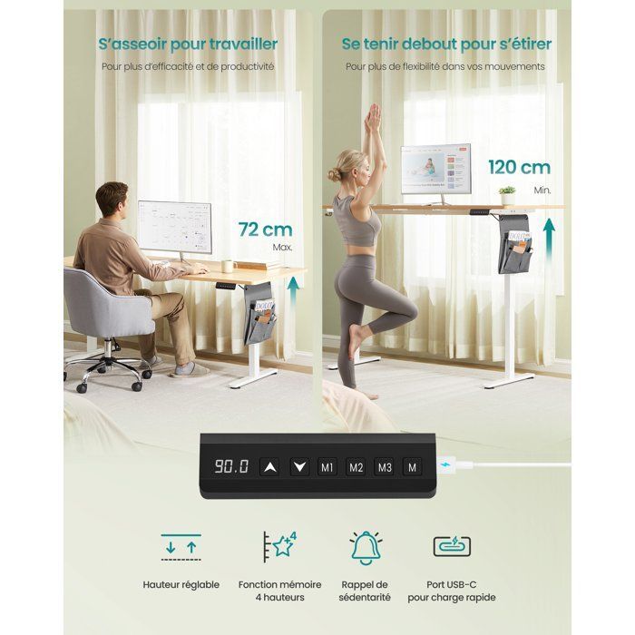 Bureau Électrique Réglable - SONGMICS - 180x80 cm - Mémoire 4 Hauteurs - USB-C - Doré Chêne