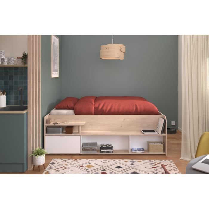 ODYSSEE Lit coffre adulte - 140x190/200 cm - Avec coffre relevable - Décor chêne et Blanc - 168,3x66,5x209,5 cm
