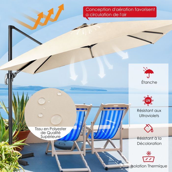 COSTWAY Parasol Déporté Inclinable 3x3M avec Base Croisée Rotation à 360°,Manivelle,8 Baleines,Event pour Jardin,Terrasse Beige
