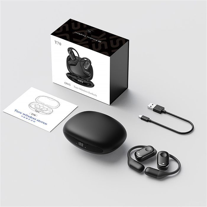 Wireless earphones, WOVTE, OWS, Bluetooth earphones, waterproof, dual ENC microphones, with digital display, black.