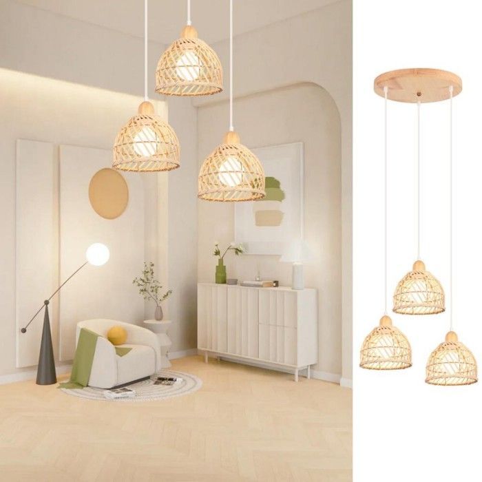 WOTTES 3-Light Modern Creative Disc Chandelier in Wood and Bamboo with Vintage Spiral Design, Rattan Pendant Light
