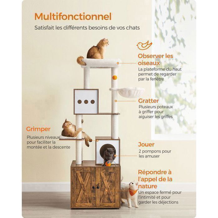 Cat Tree - FEANDREA - Modern with Litter Box, Play Tower and Scratching Post - 180 cm - Rustic Brown