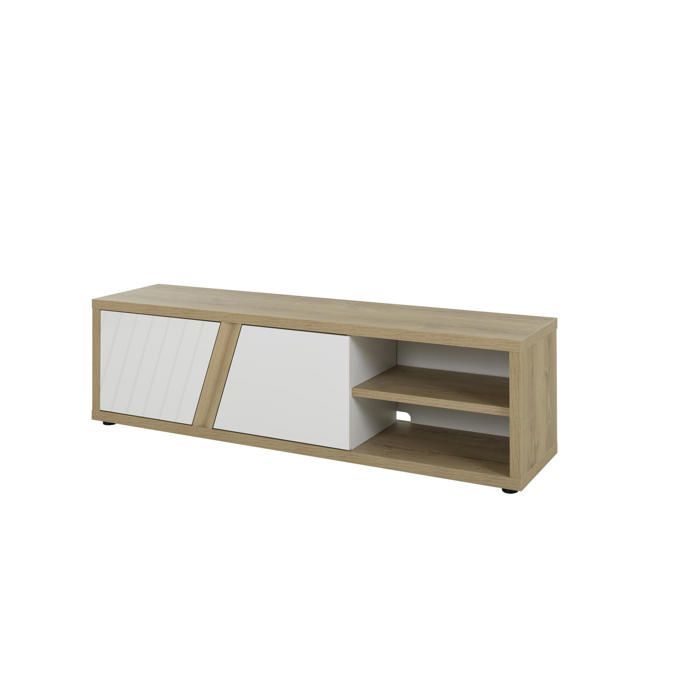 Meuble tv 2 portes mat blanc & effet bois chêne avec rangements