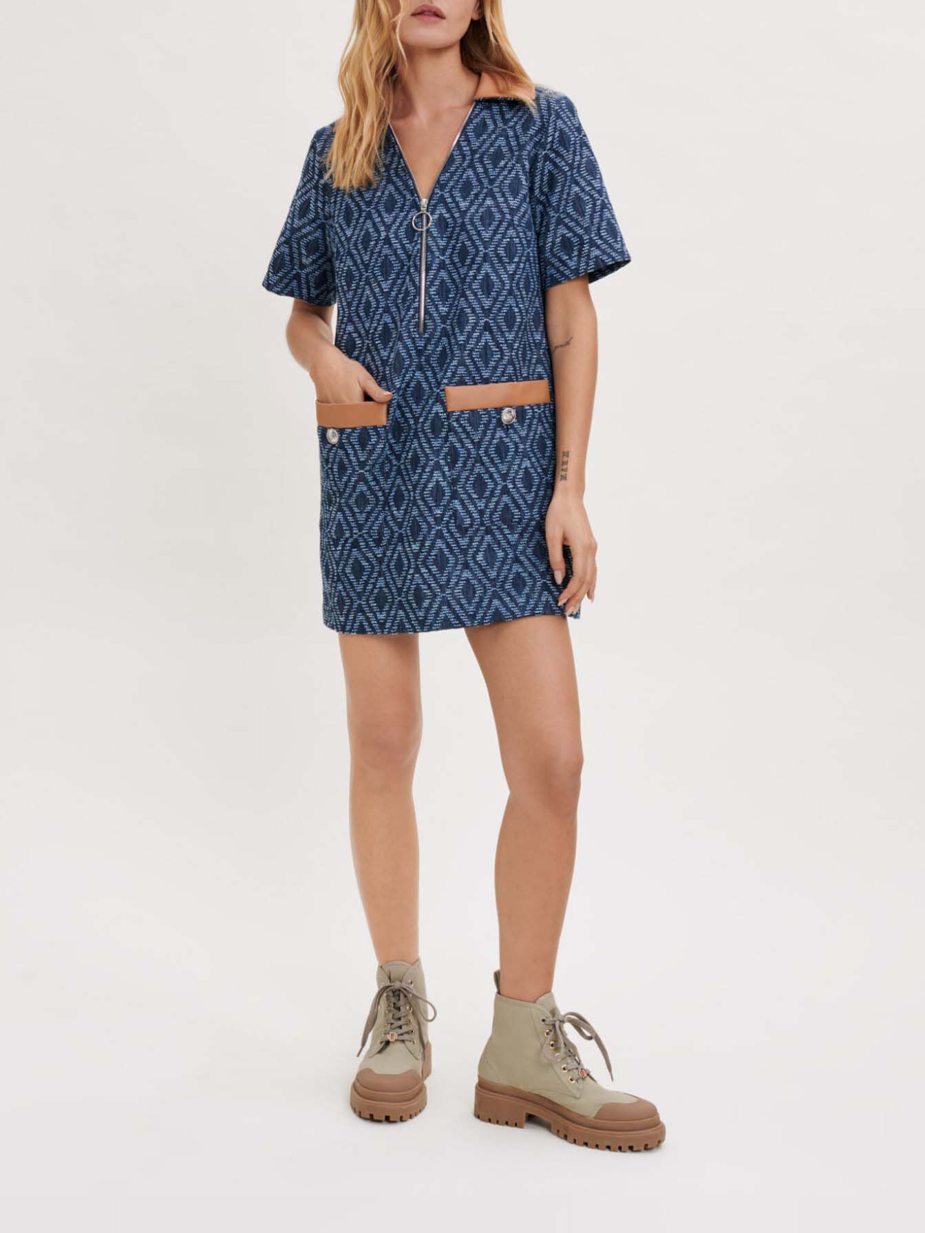 Rochie cu efect denim jacquard - Indigo