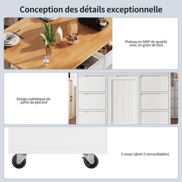 Carrito de cocina - TKOPY - Isla de cocina rodante con 8 cajones y especiero - 122x74,5x91,5cm - Blanco