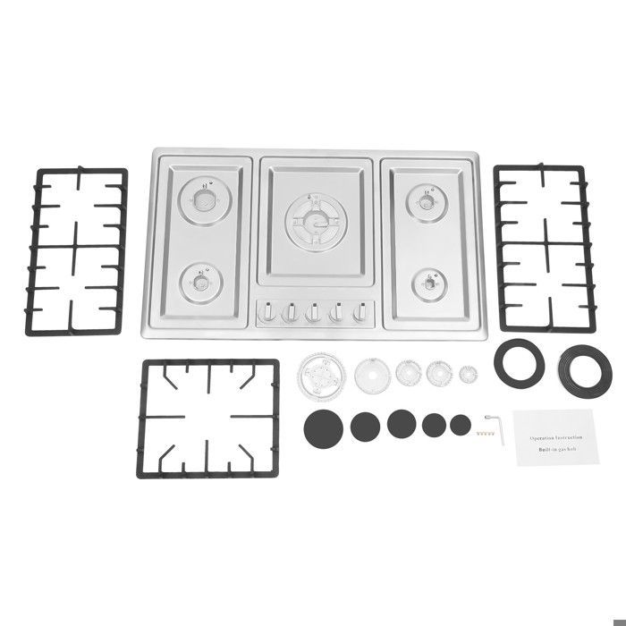 Cuisinière à gaz à 5 flammes, 3,3 kW, 2,75 kW, 2 x 1,75 kW, 1 kW,86 x 51 x 9 cm, en acier inoxydable, pour restaurants, hôtels