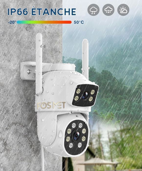 FOSMET Caméra Surveillance WiFi, 2K Double Objectif, Vision Nocturne Couleur, Audio Bidirectionnel, Suivi Intelligent, Étanche IP66