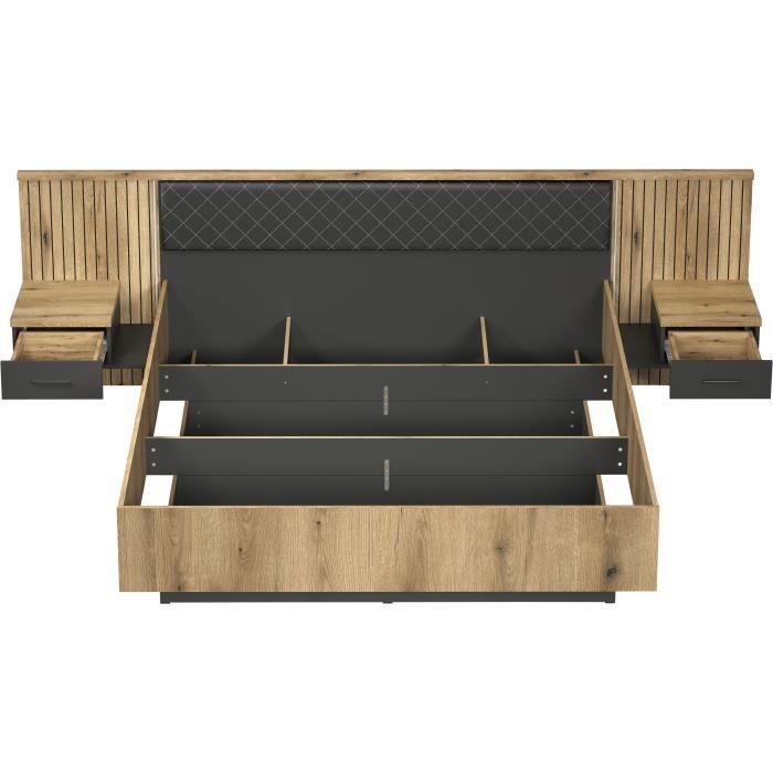 Letto con comodini e illuminazione indiretta - ESTEBAN - 180 x 200 cm - Rovere chiaro / Antracite - TRENDTEAM