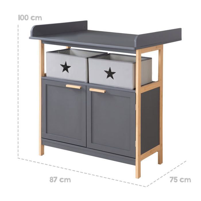 Commode à Langer ROBA - Berlin - 2 Portes + 2 Boîtes de Rangement en Tissu - Meuble à Langer Évolutif - Anthracite - Bambou