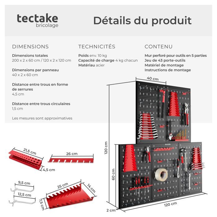 Almacenamiento de herramientas - TECTAKE - Juego de 5 paneles de acero perforado JONAH para un práctico almacenamiento de herramientas con ganchos incluidos.