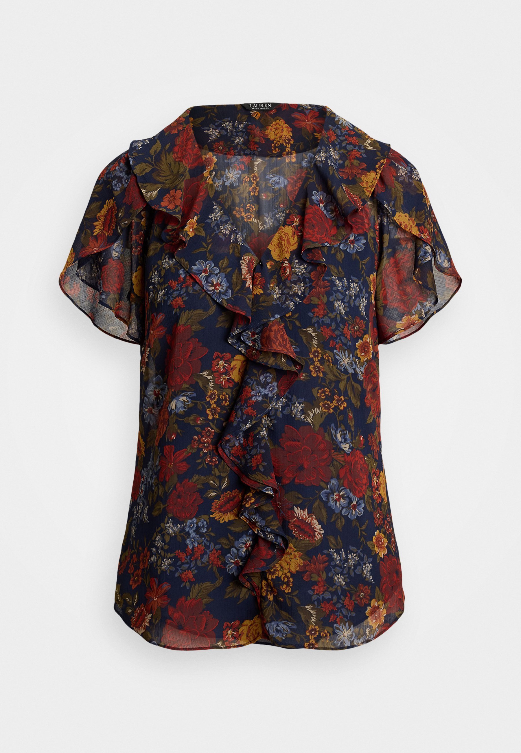 Lauren Ralph Lauren Georgette-Bluse mit floralem Rüschenbesatz – marineblau/mehrfarbig