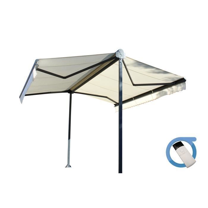 Store double pente motorisé 5x2x3 m - Toile beige et structure grise anthracite texturée - GARDEN OMBRAZUR