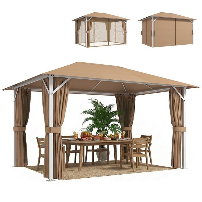 Tonnelle de jardin - pavillon - structure stable en métal 60mm UV50+ et 10 trous de drainage - polyester - 394x294x255cm - khaki
