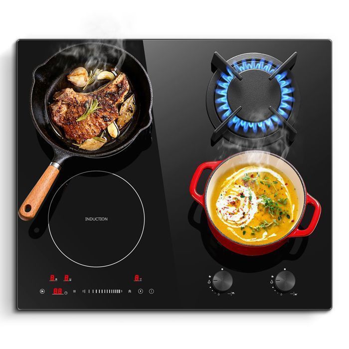 Plaque mixte gaz et induction,L 59 cm, Gaz 3400 W avec brûleur wok, Induction 2500 W, Verre noir encastrable,gaz naturel/GPL