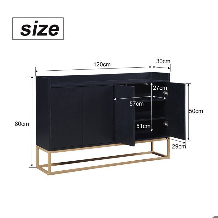 Buffet avec Placard 4 Portes-étagères réglables-Buffet Bas-Pieds en métal doré-Buffet Moderne-120x30x80 cm-Noir-pour Salon,Cuisine