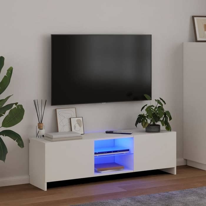 Mueble para TV vidaXL con iluminación LED, blanco, 120x30x36 cm, paneles de madera y cristal templado, soporta televisores de hasta 50