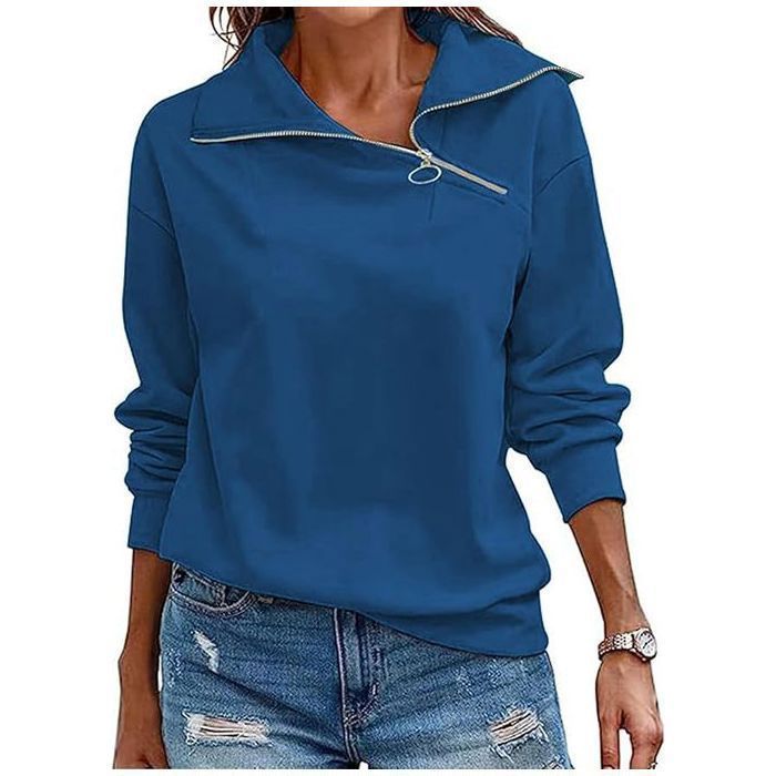 Sweat à Capuche Femme avec Fermeture Éclair Pull Manches Longues et Col en V Chic et Confortable XS Coloris Bleu Marine Unifié