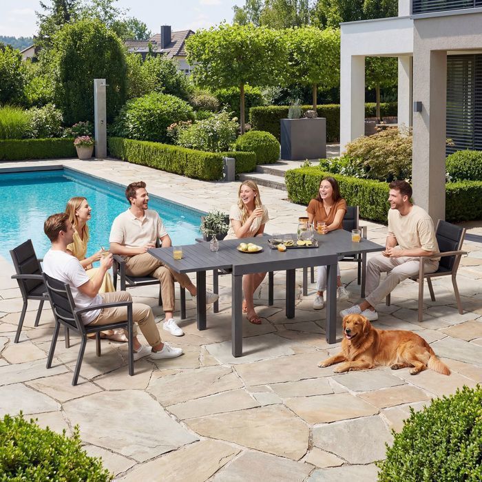 Mesa de jardín extensible de aluminio | 200 kg cerrada / 150 kg abierta | Para 4-8 personas, estable y duradera, color gris
