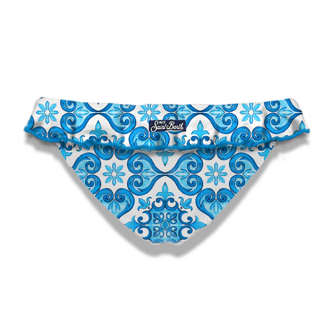 Braguita de bikini para niña con volantes y estampado de mayólica