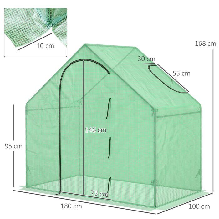 Invernadero de jardín - Outsunny - Balcón de lona reforzada de PE con puerta enrollable con cremallera - Acero - 180x100x168cm - Verde